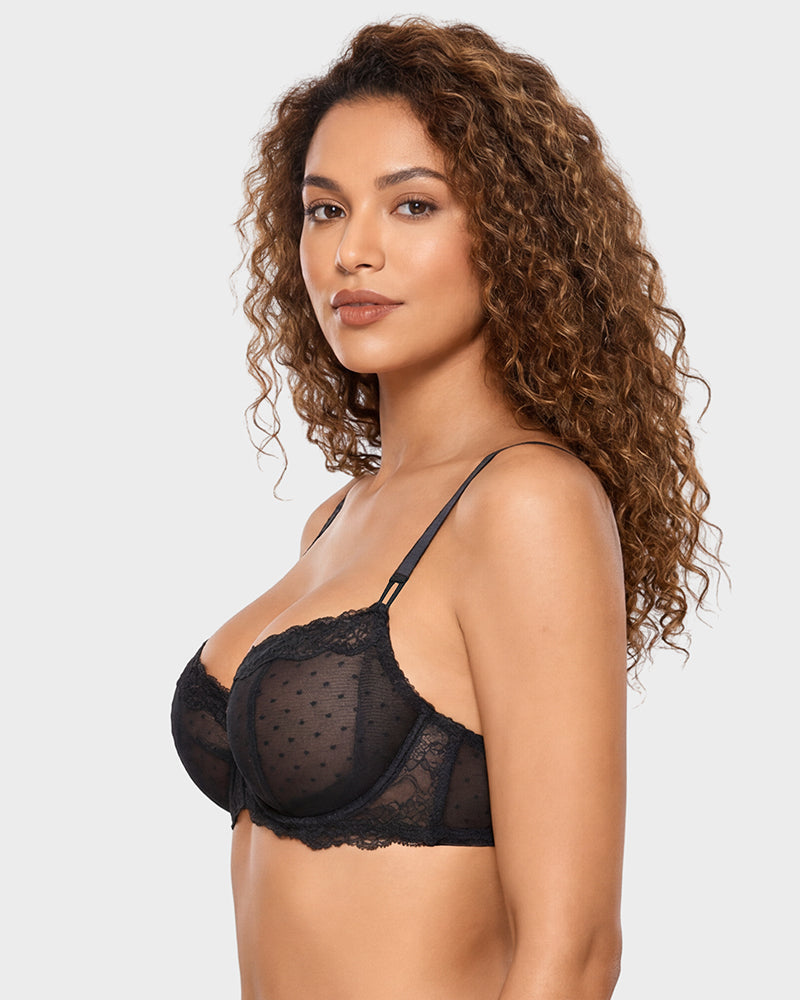 Lace Underwire Unlined Sheer Demi Balconette Bra