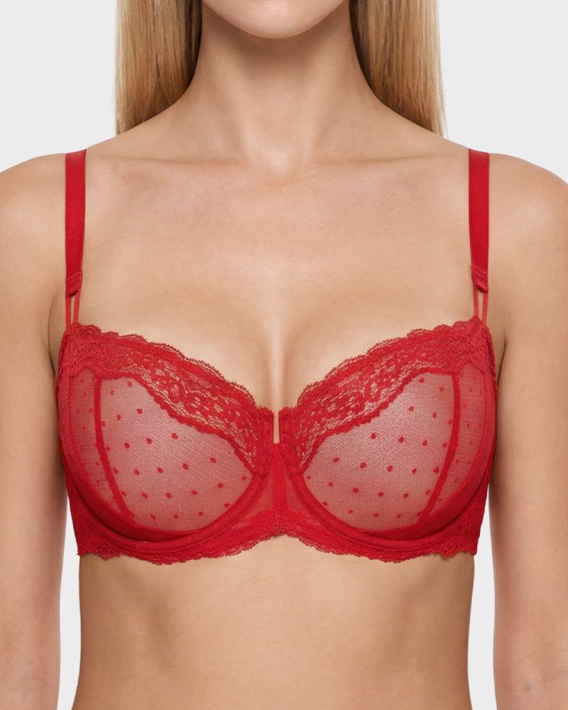 Lace Underwire Unlined Sheer Demi Balconette Bra
