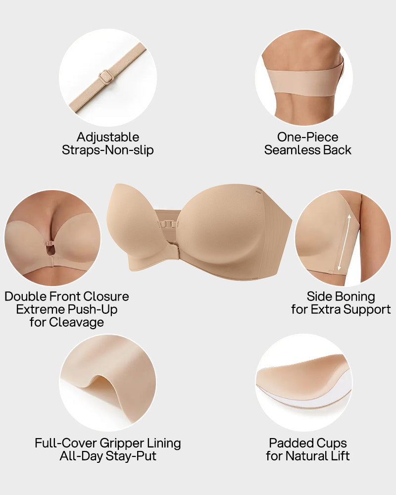 No-Slip Front Closure Push-Up Strapless Bra